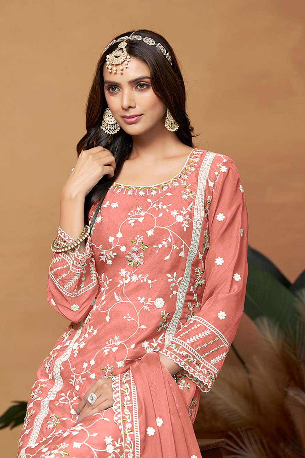 Peach Organza Embroidered U Neck Salwar Suit Set