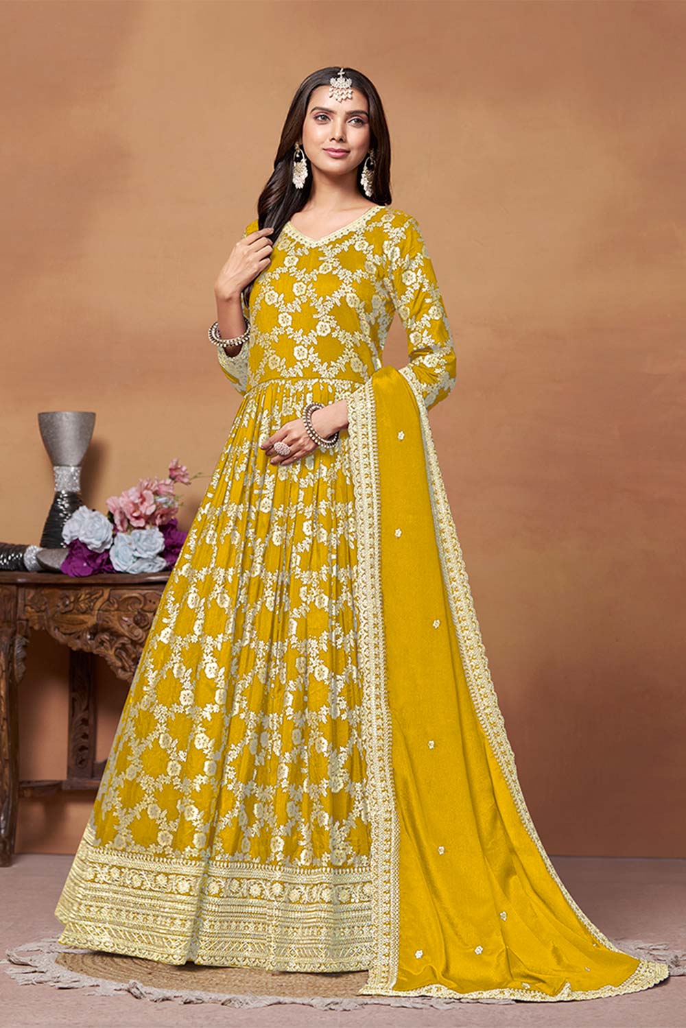 Mustard Silk Embroidered V Neck Salwar Suit