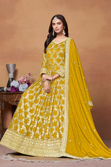 Mustard Silk Embroidered V Neck Salwar Suit