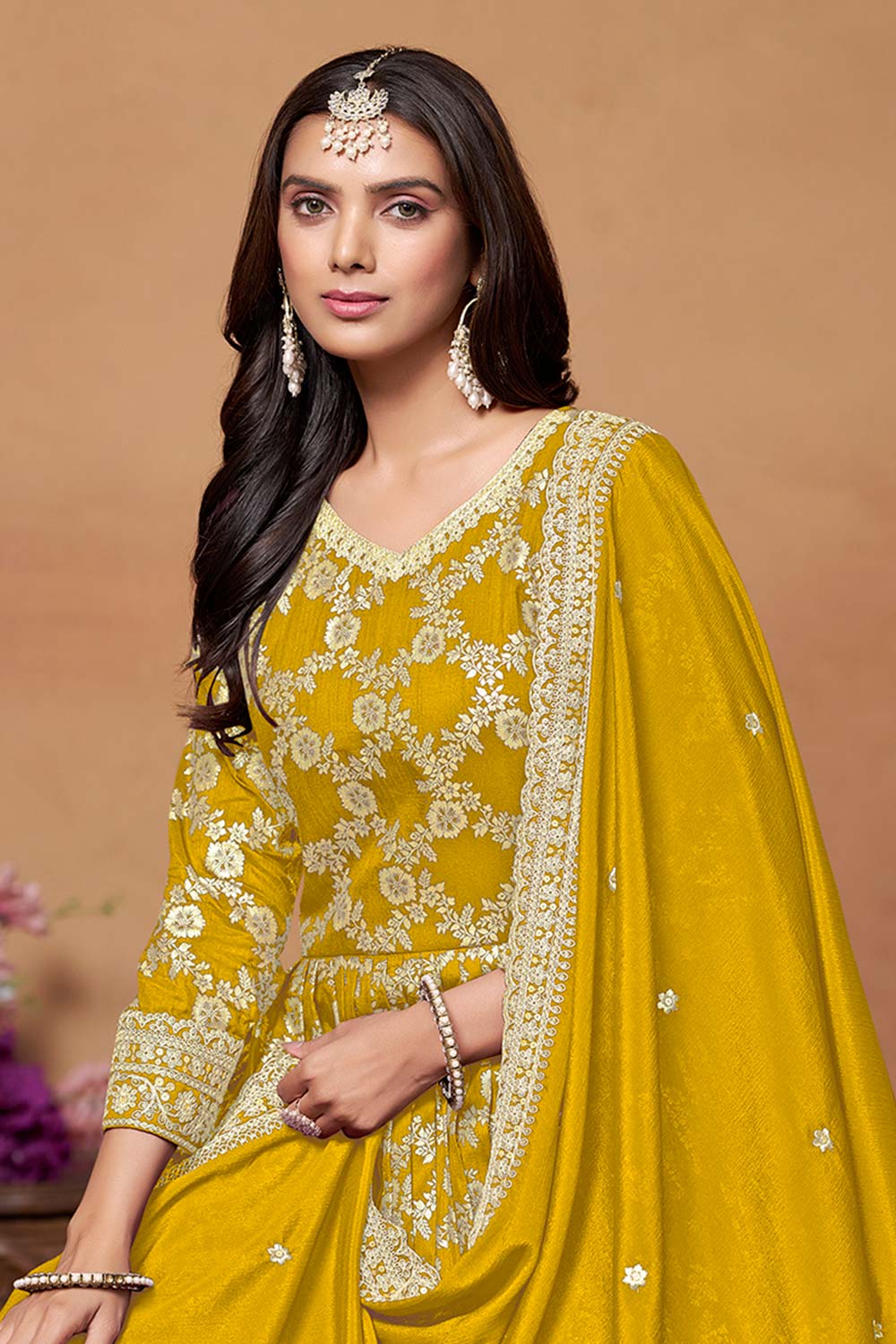 Mustard Silk Embroidered V Neck Salwar Suit