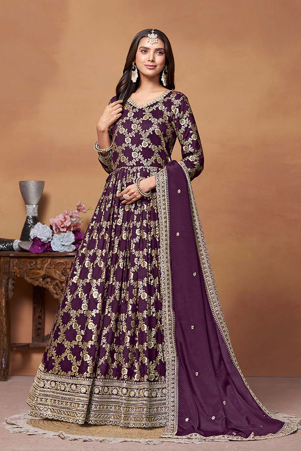 Dark-Purple Silk Embroidered V Neck Salwar Suit