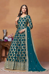 Teal Silk Embroidered V Neck Salwar Suit