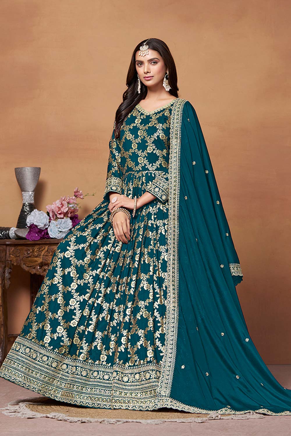 Teal Silk Embroidered V Neck Salwar Suit