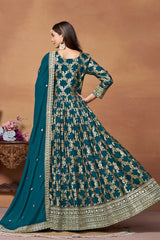 Teal Silk Embroidered V Neck Salwar Suit