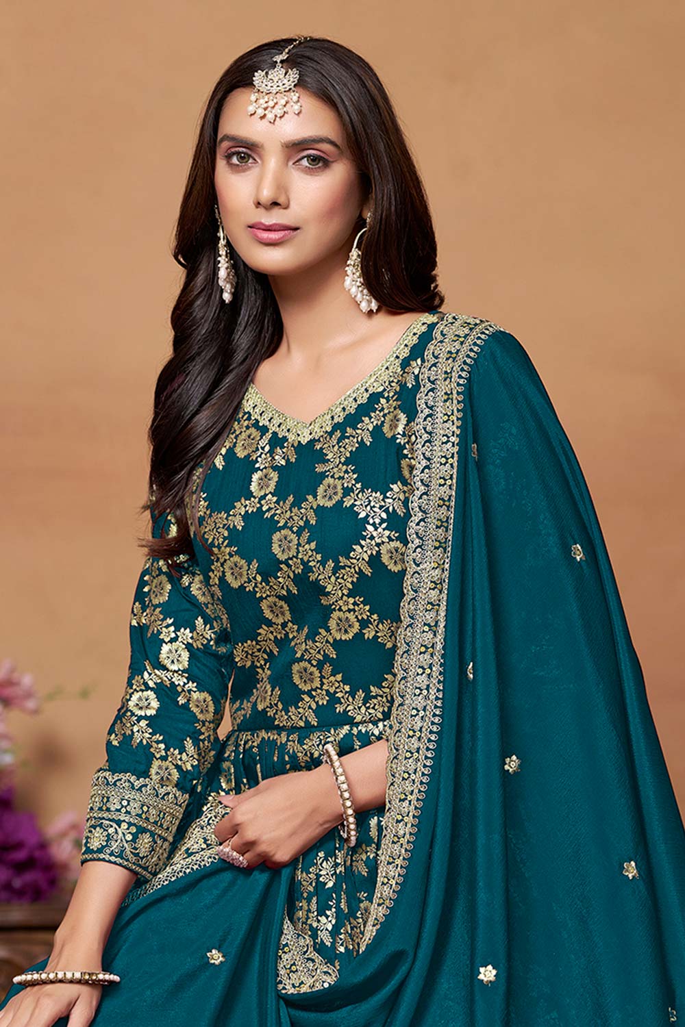 Teal Silk Embroidered V Neck Salwar Suit