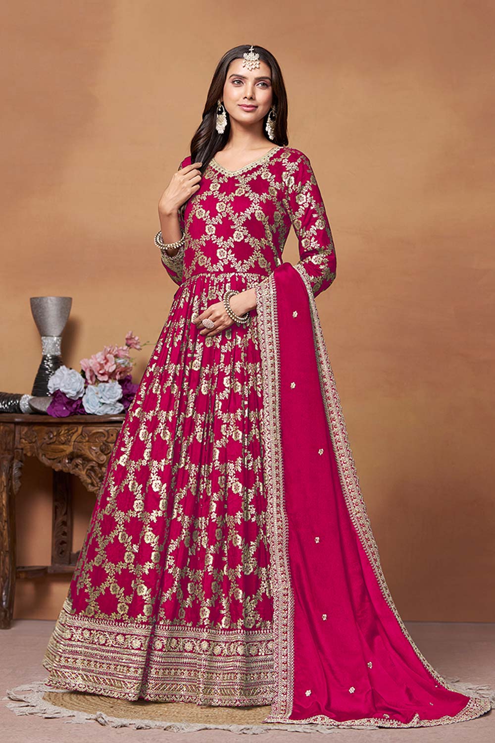 Crimson Silk Embroidered V Neck Salwar Suit