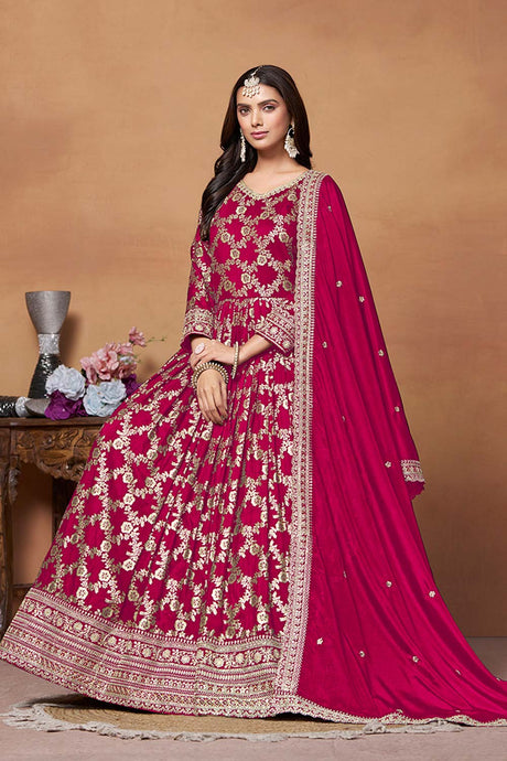 Crimson Silk Embroidered V Neck Salwar Suit