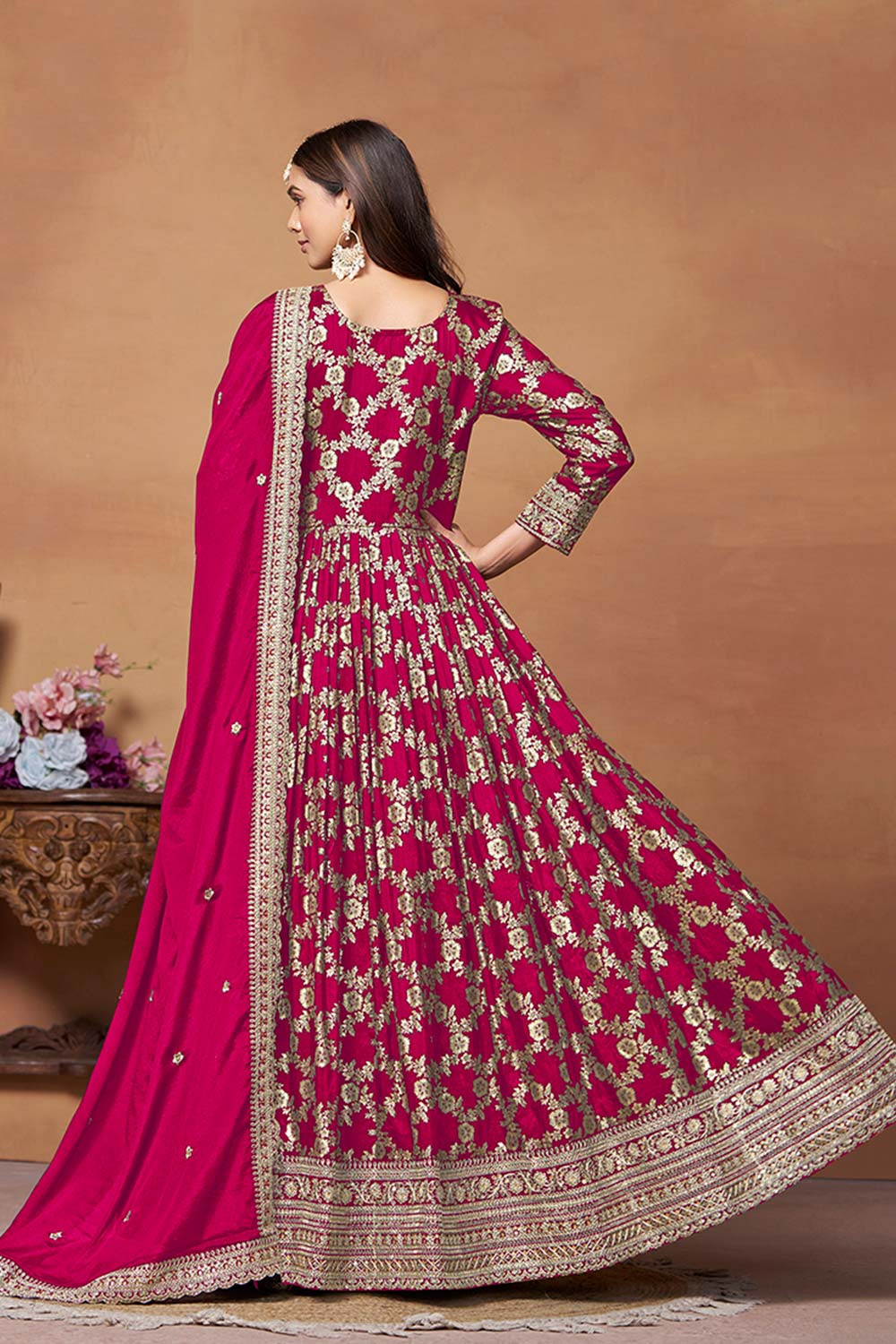 Crimson Silk Embroidered V Neck Salwar Suit