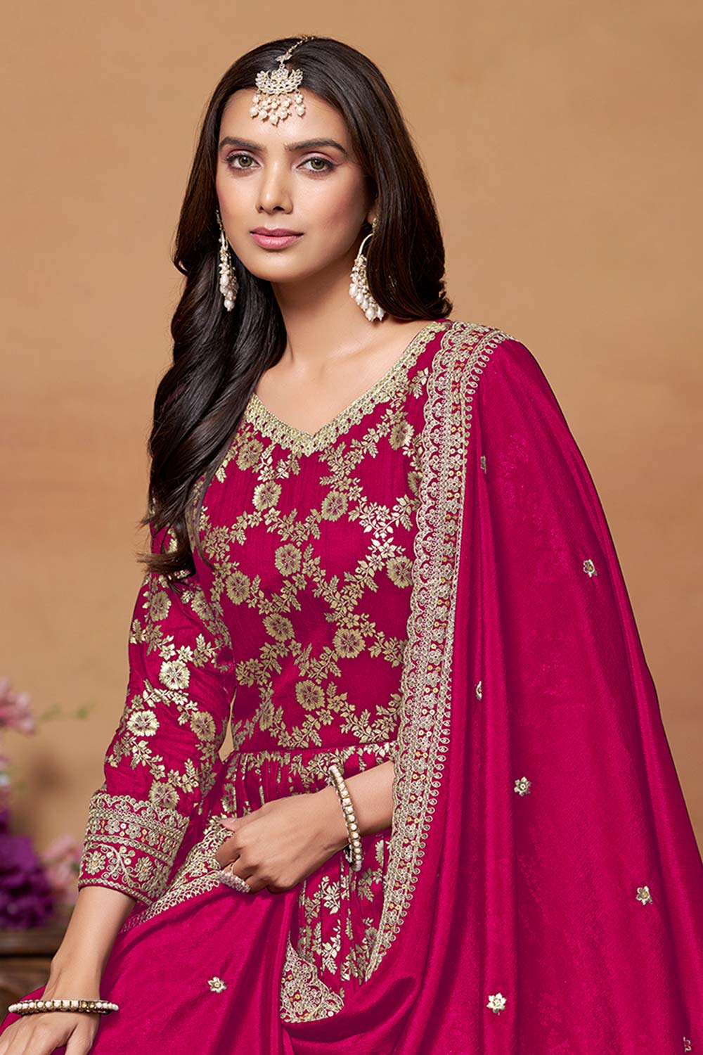 Crimson Silk Embroidered V Neck Salwar Suit