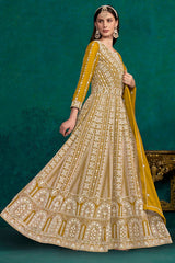 Yellow Faux Georgette Lakhanavi Work Anarkali Salwar Kameez