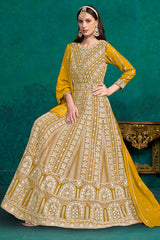 Yellow Faux Georgette Lakhanavi Work Anarkali Salwar Kameez