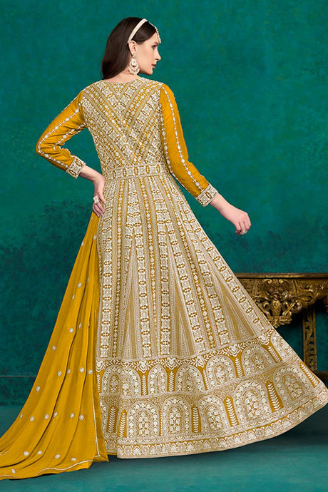 Yellow Faux Georgette Lakhanavi Work Anarkali Salwar Kameez