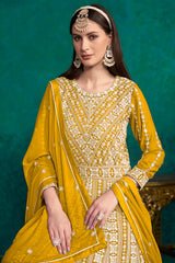 Yellow Faux Georgette Lakhanavi Work Anarkali Salwar Kameez