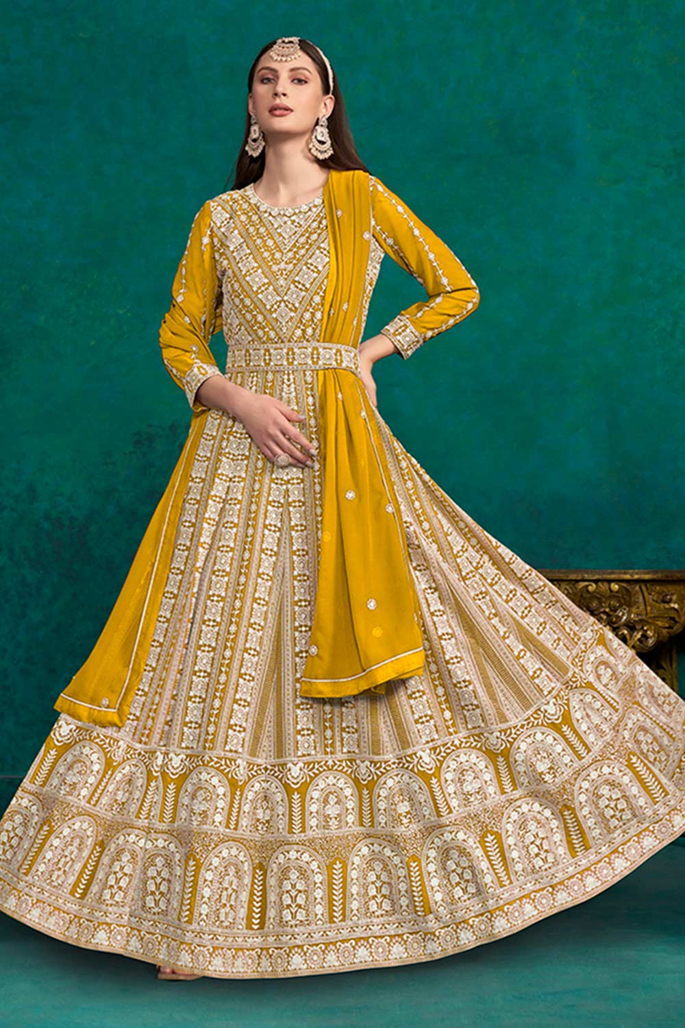 Yellow Faux Georgette Lakhanavi Work Anarkali Salwar Kameez