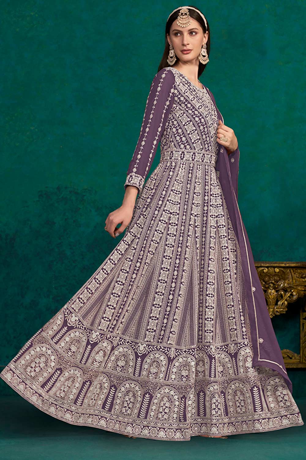 Purple Faux Georgette Lakhanavi Work Anarkali Salwar Kameez