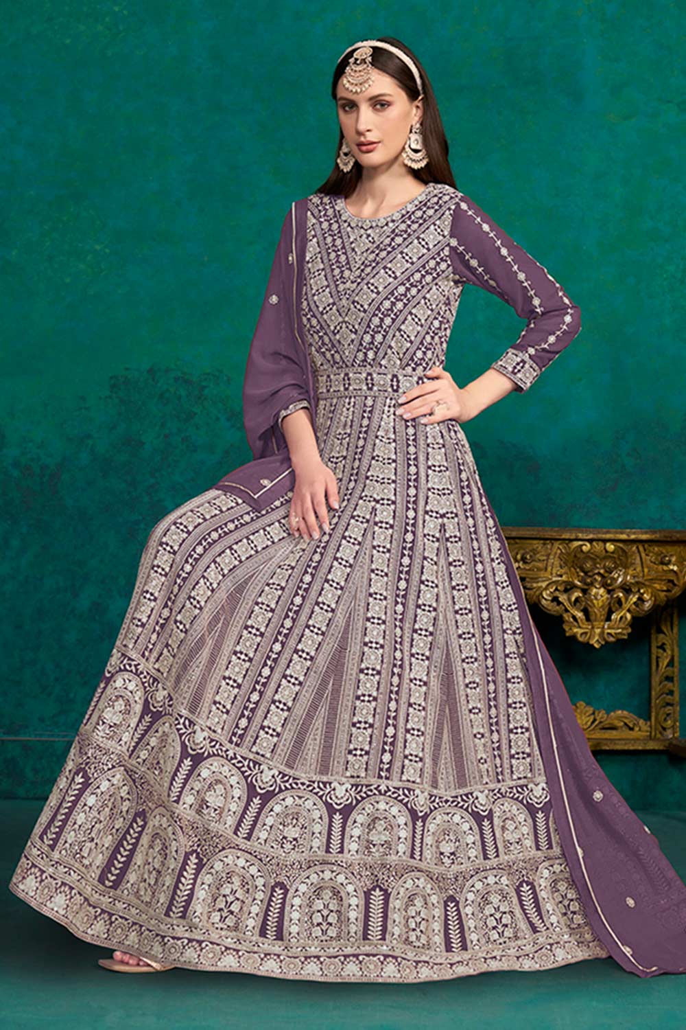 Purple Faux Georgette Lakhanavi Work Anarkali Salwar Kameez