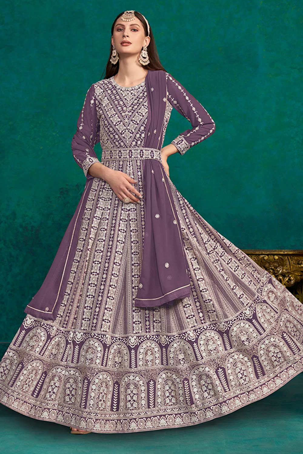 Purple Faux Georgette Lakhanavi Work Anarkali Salwar Kameez