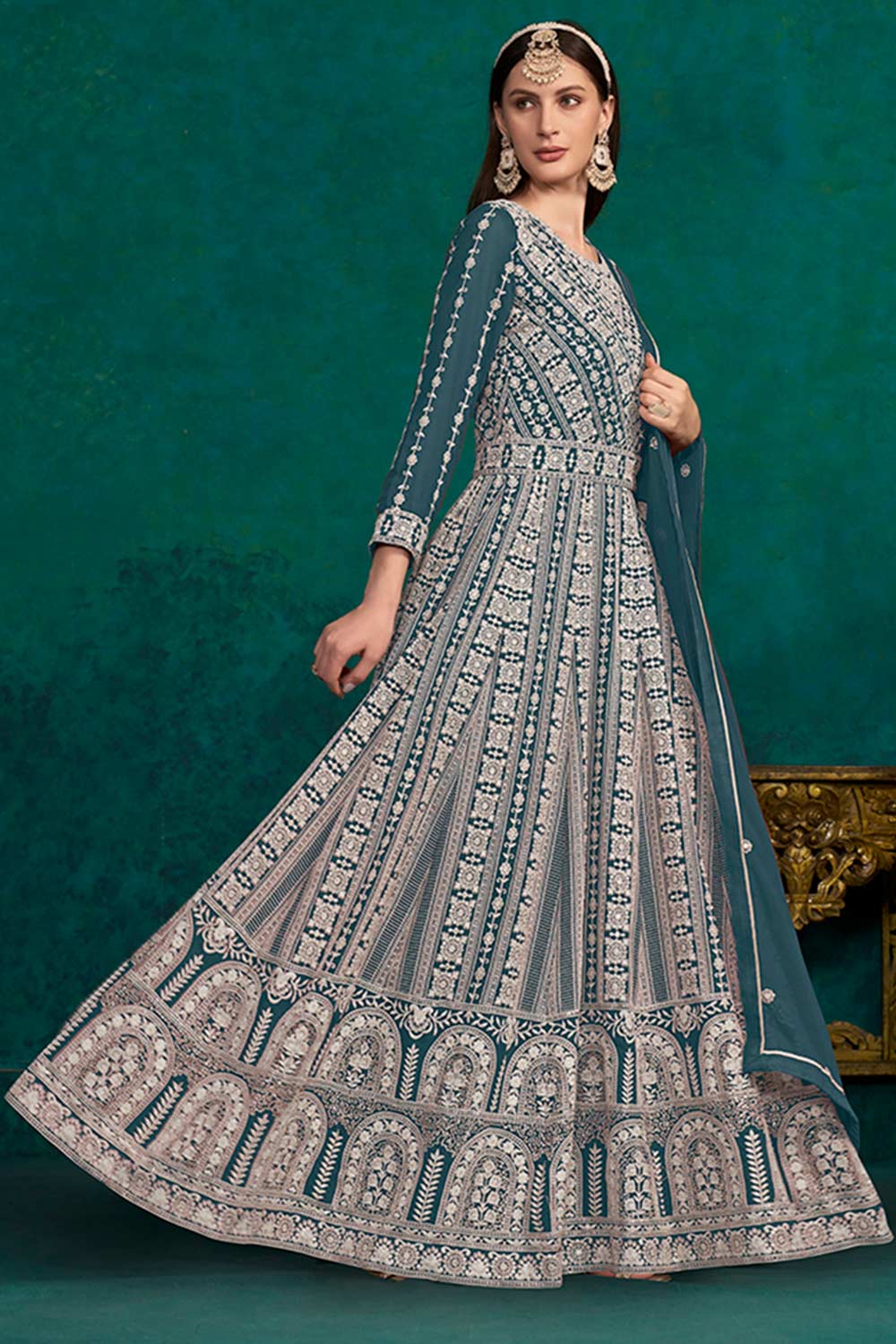 Teal Faux Georgette Lakhanavi Work Anarkali Salwar Kameez