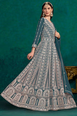 Teal Faux Georgette Lakhanavi Work Anarkali Salwar Kameez