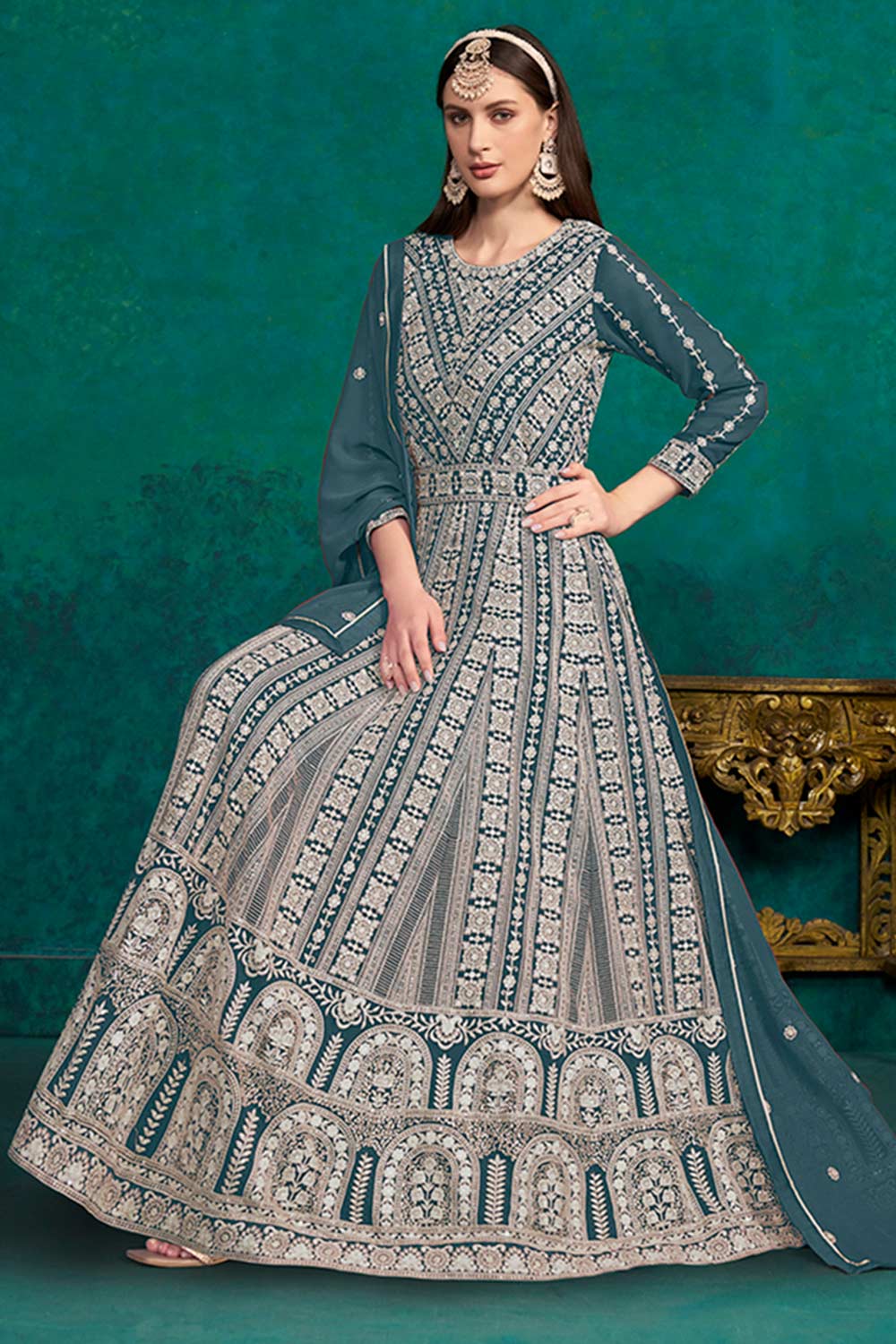 Teal Faux Georgette Lakhanavi Work Anarkali Salwar Kameez