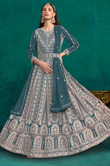 Teal Faux Georgette Lakhanavi Work Anarkali Salwar Kameez