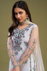 Light grey net embroidered straight fit salwar suit