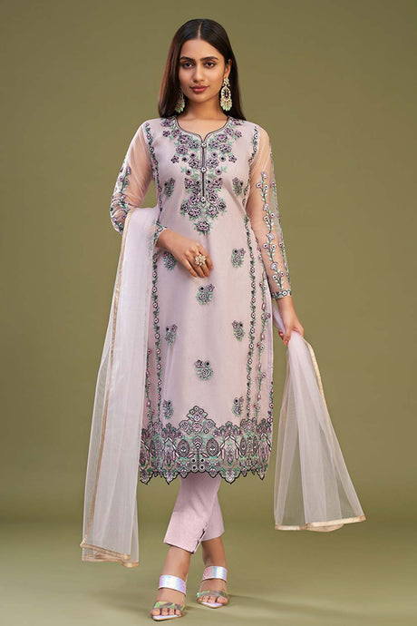 Baby pink net embroidered straight fit salwar suit