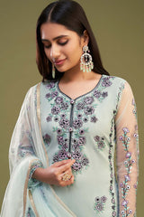 Light cyan net embroidered straight fit salwar suit