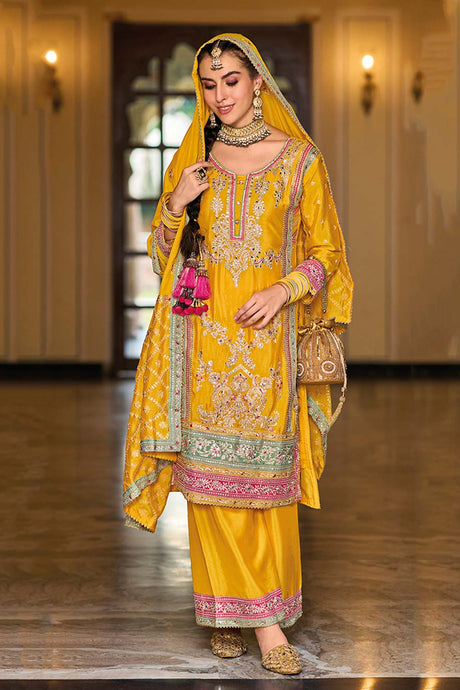 Yellow chinon silk embroidered palazzo dress