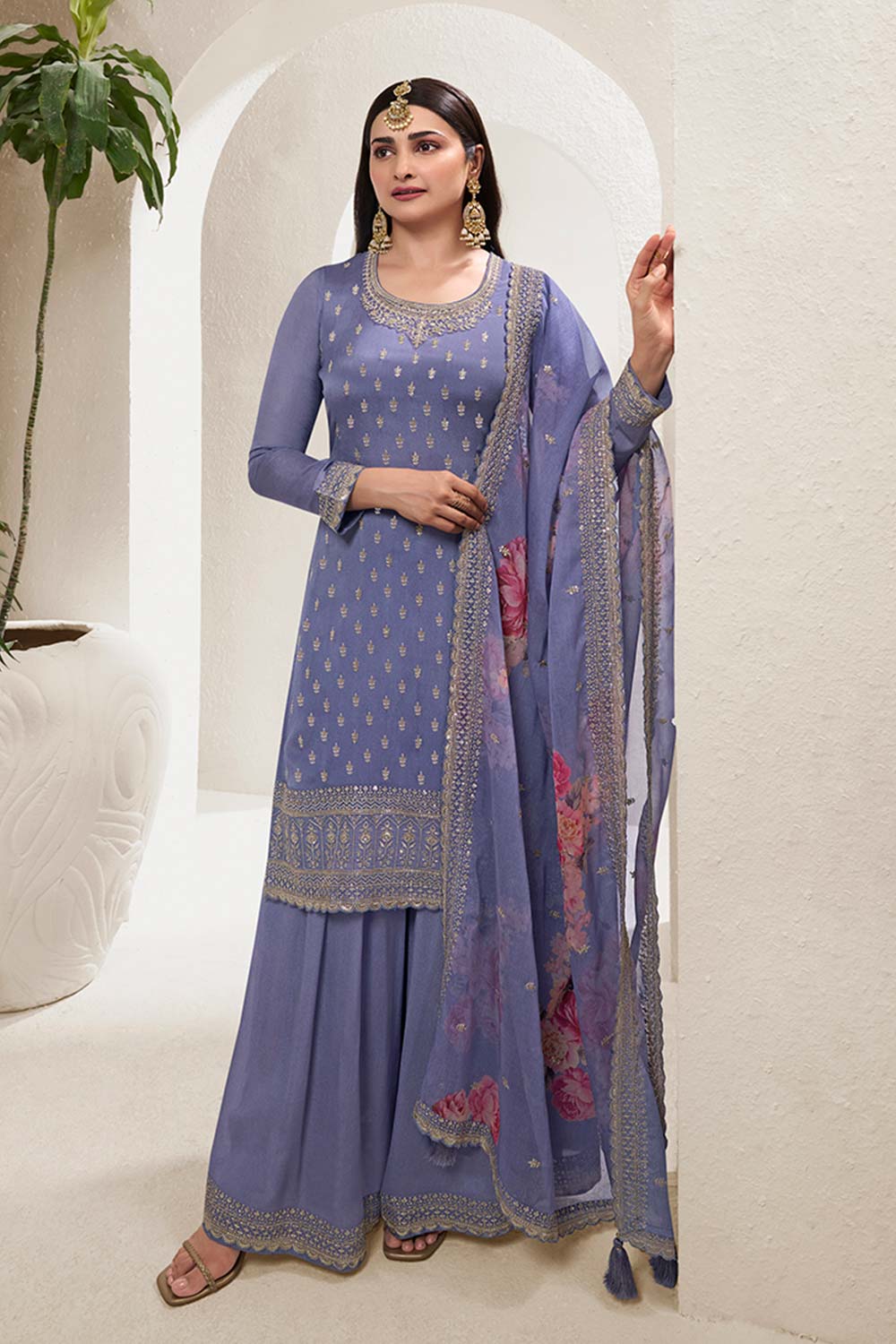 Blue Chinon Silk Embroidered Sharara Suit With Dupatta