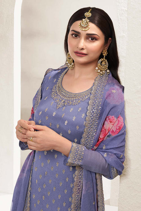 Blue Chinon Silk Embroidered Sharara Suit With Dupatta