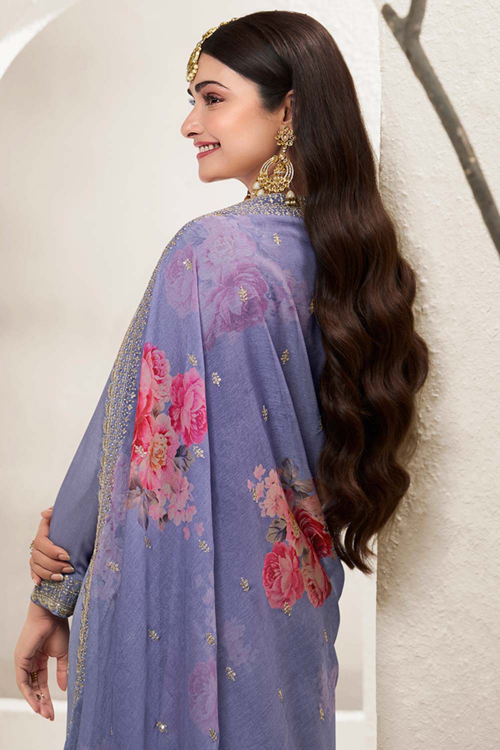 Blue Chinon Silk Embroidered Sharara Suit With Dupatta