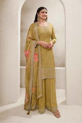 Tan Chinon Silk Embroidered Sharara Suit With Dupatta