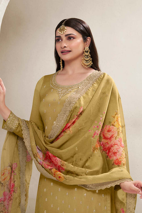 Tan Chinon Silk Embroidered Sharara Suit With Dupatta