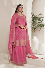 Rose Pink Chinon Silk Embroidered Sharara Suit With Dupatta