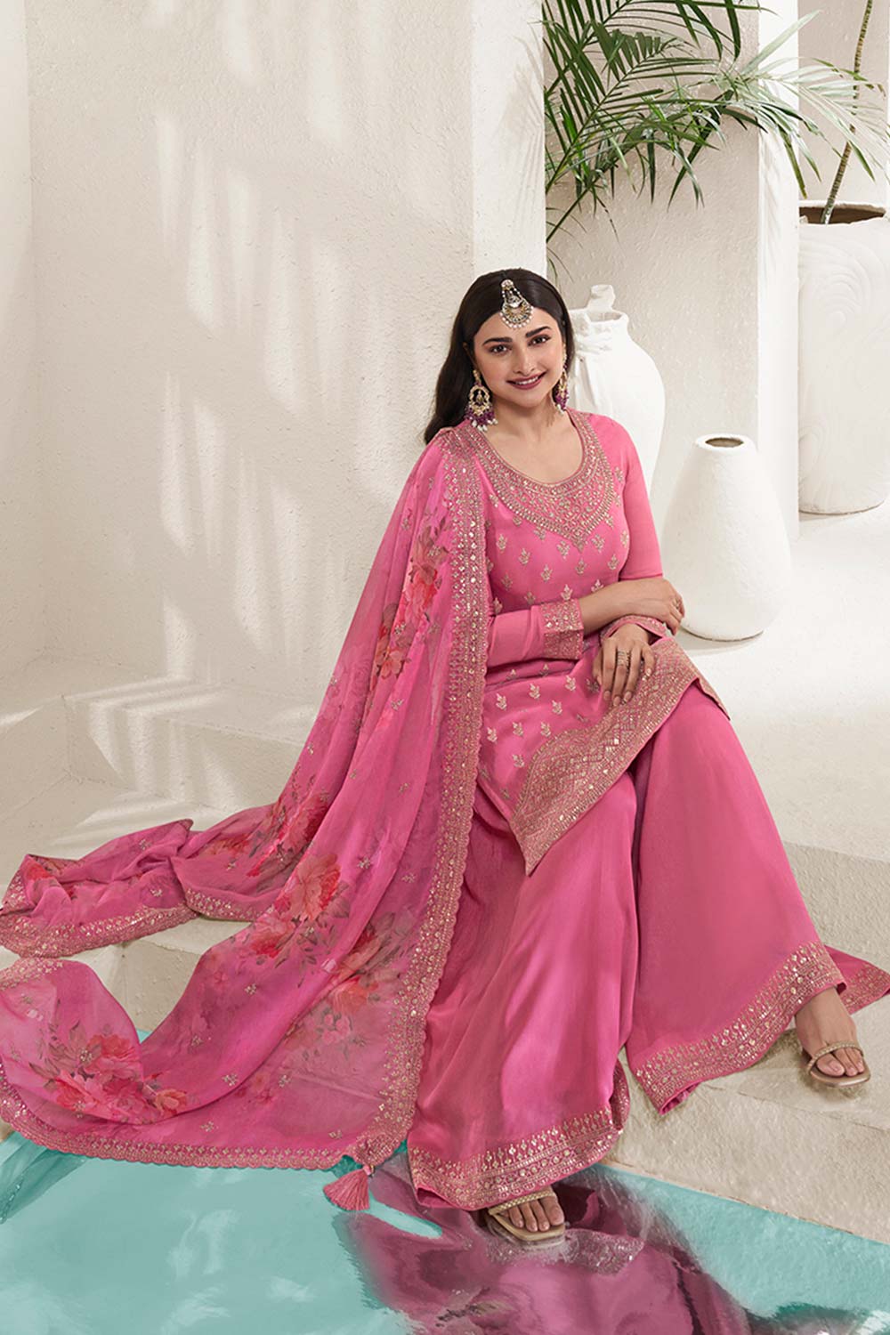 Rose Pink Chinon Silk Embroidered Sharara Suit With Dupatta