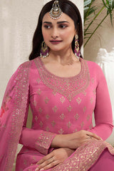 Rose Pink Chinon Silk Embroidered Sharara Suit With Dupatta