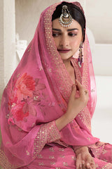 Rose Pink Chinon Silk Embroidered Sharara Suit With Dupatta