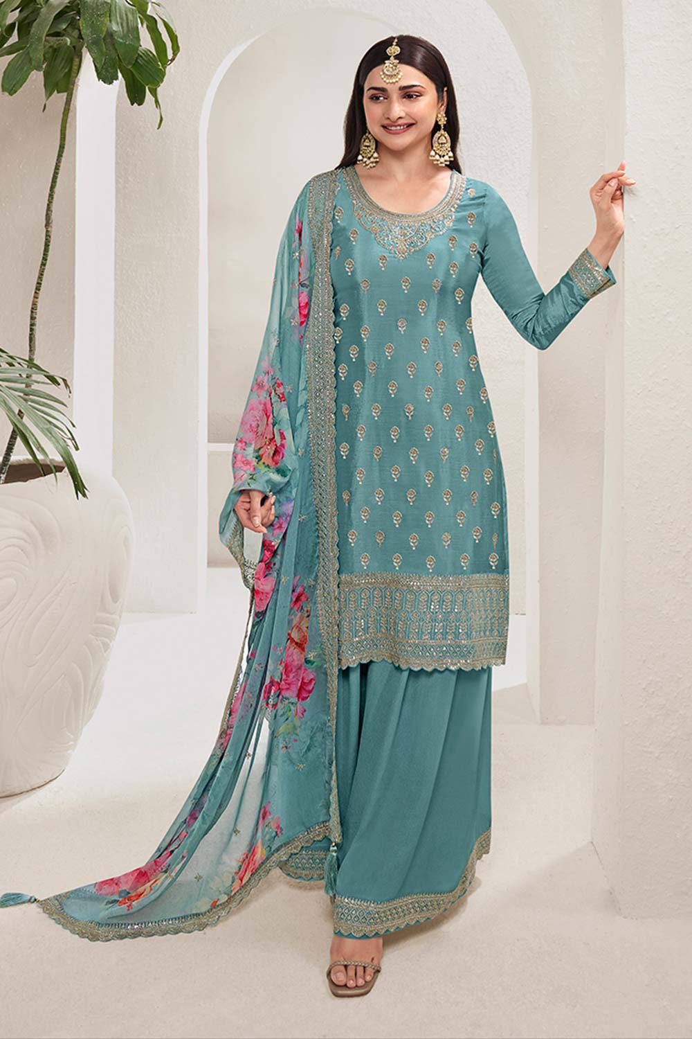 Light Teal Chinon Silk Embroidered Sharara Suit With Dupatta