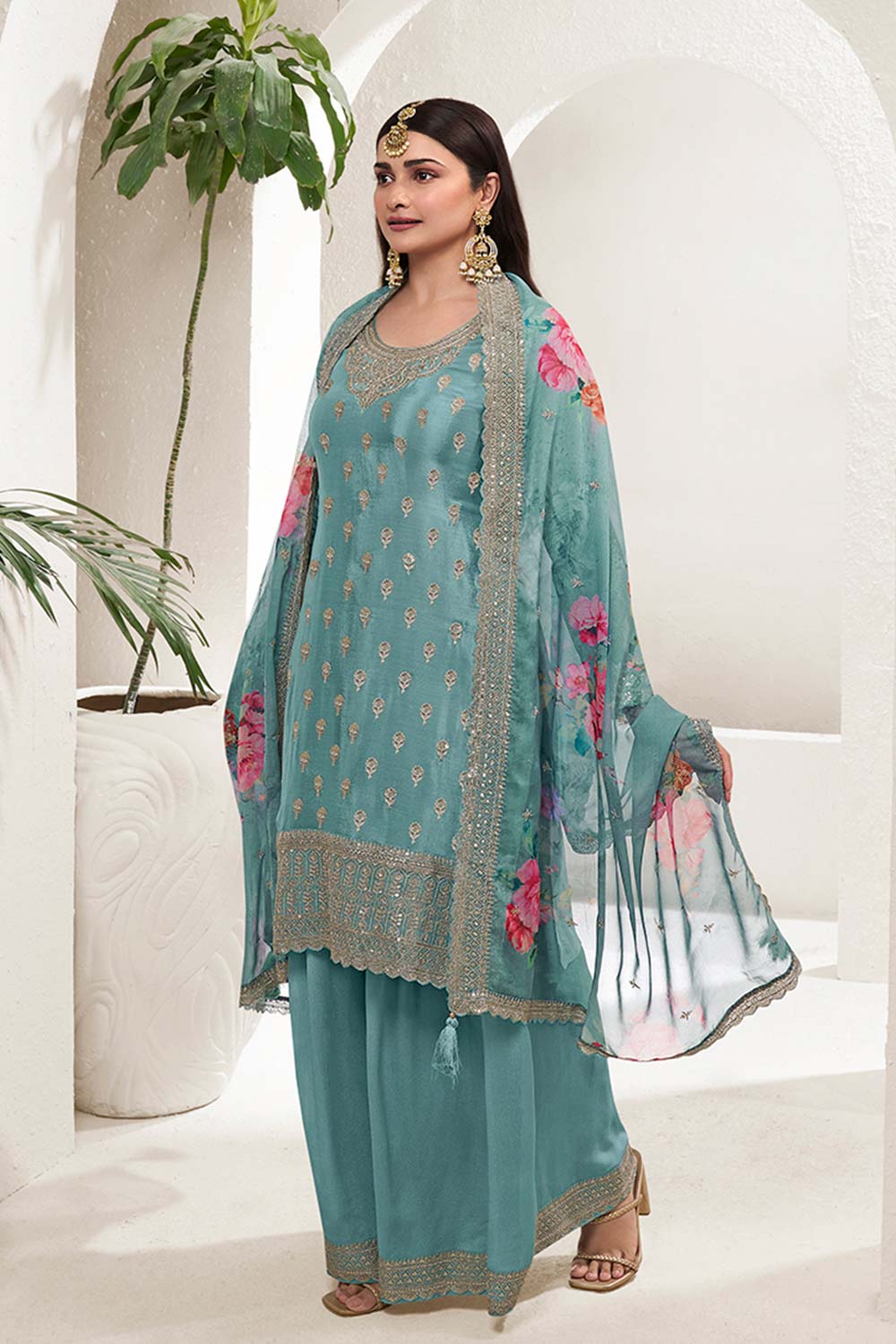 Light Teal Chinon Silk Embroidered Sharara Suit With Dupatta