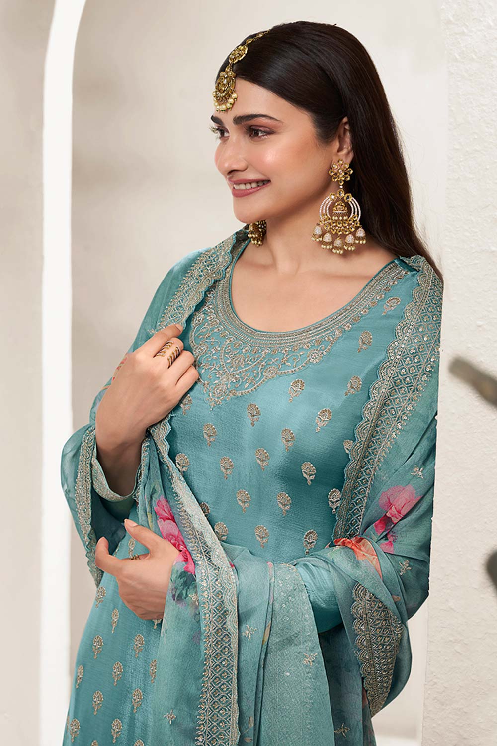 Light Teal Chinon Silk Embroidered Sharara Suit With Dupatta