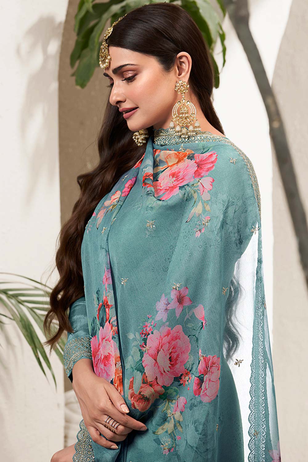 Light Teal Chinon Silk Embroidered Sharara Suit With Dupatta