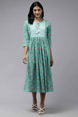 Turquoise Floral Print Pure Cotton Dress