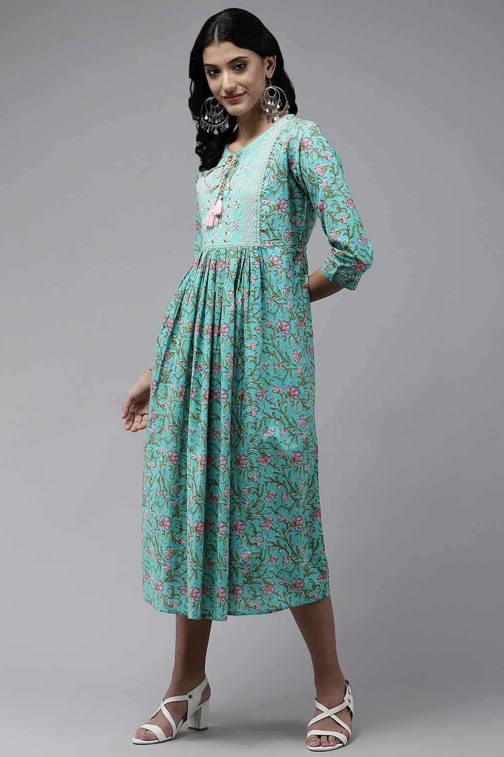 Turquoise Floral Print Pure Cotton Dress