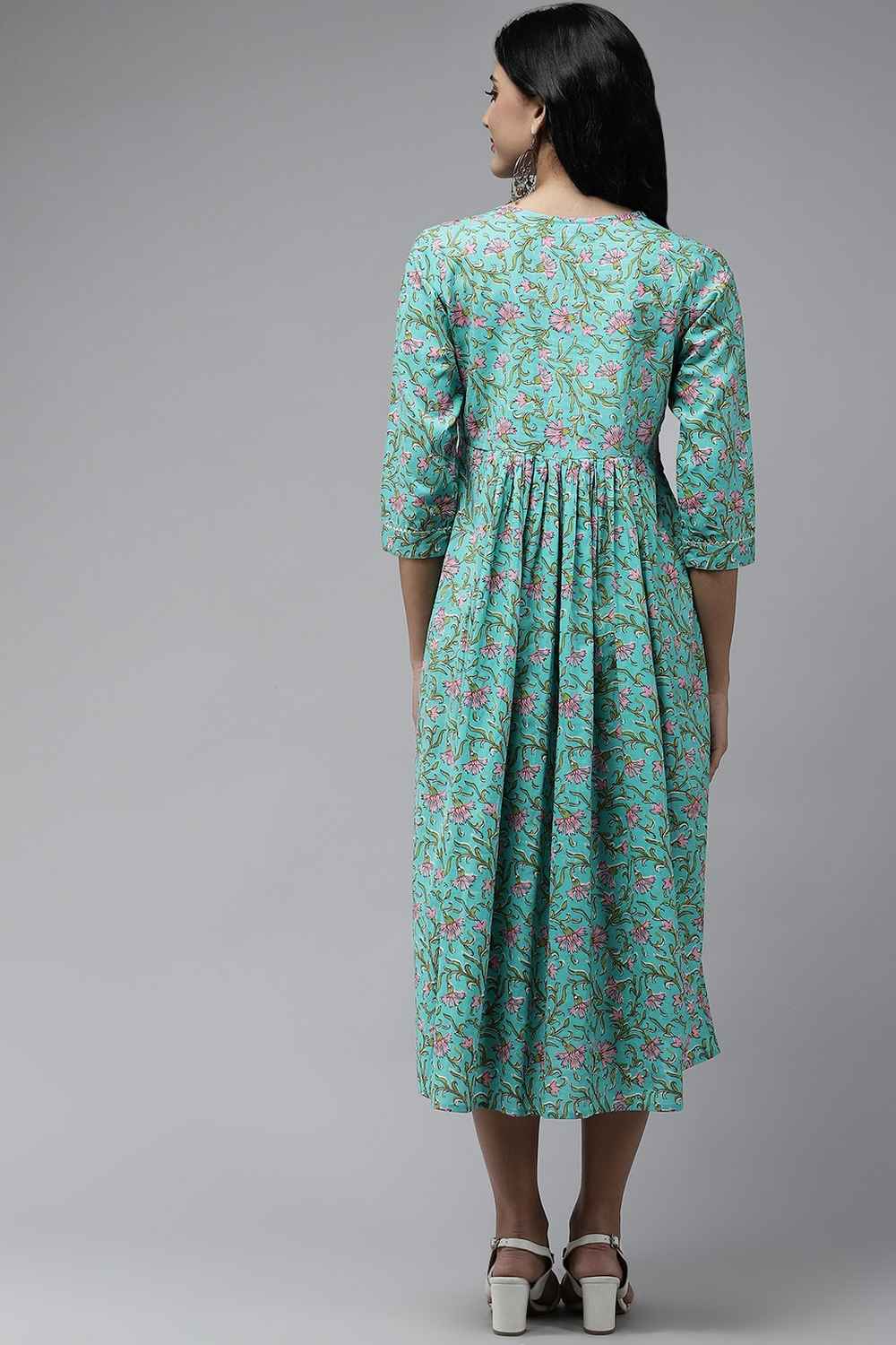 Turquoise Floral Print Pure Cotton Dress