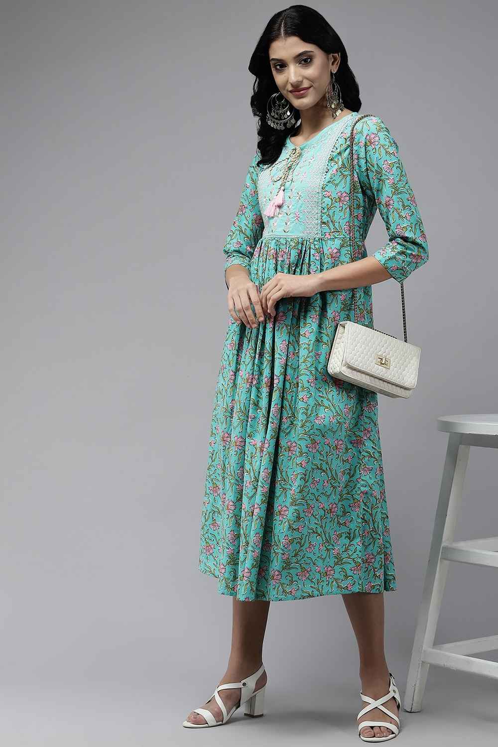 Turquoise Floral Print Pure Cotton Dress