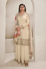 Cream Chinon Silk Embroidered Sharara Suit With Dupatta