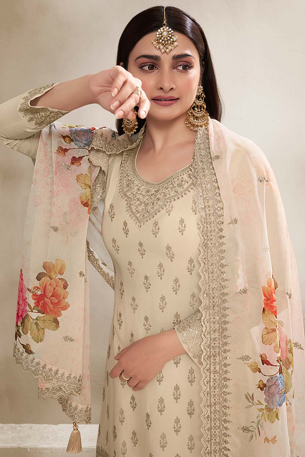 Cream Chinon Silk Embroidered Sharara Suit With Dupatta