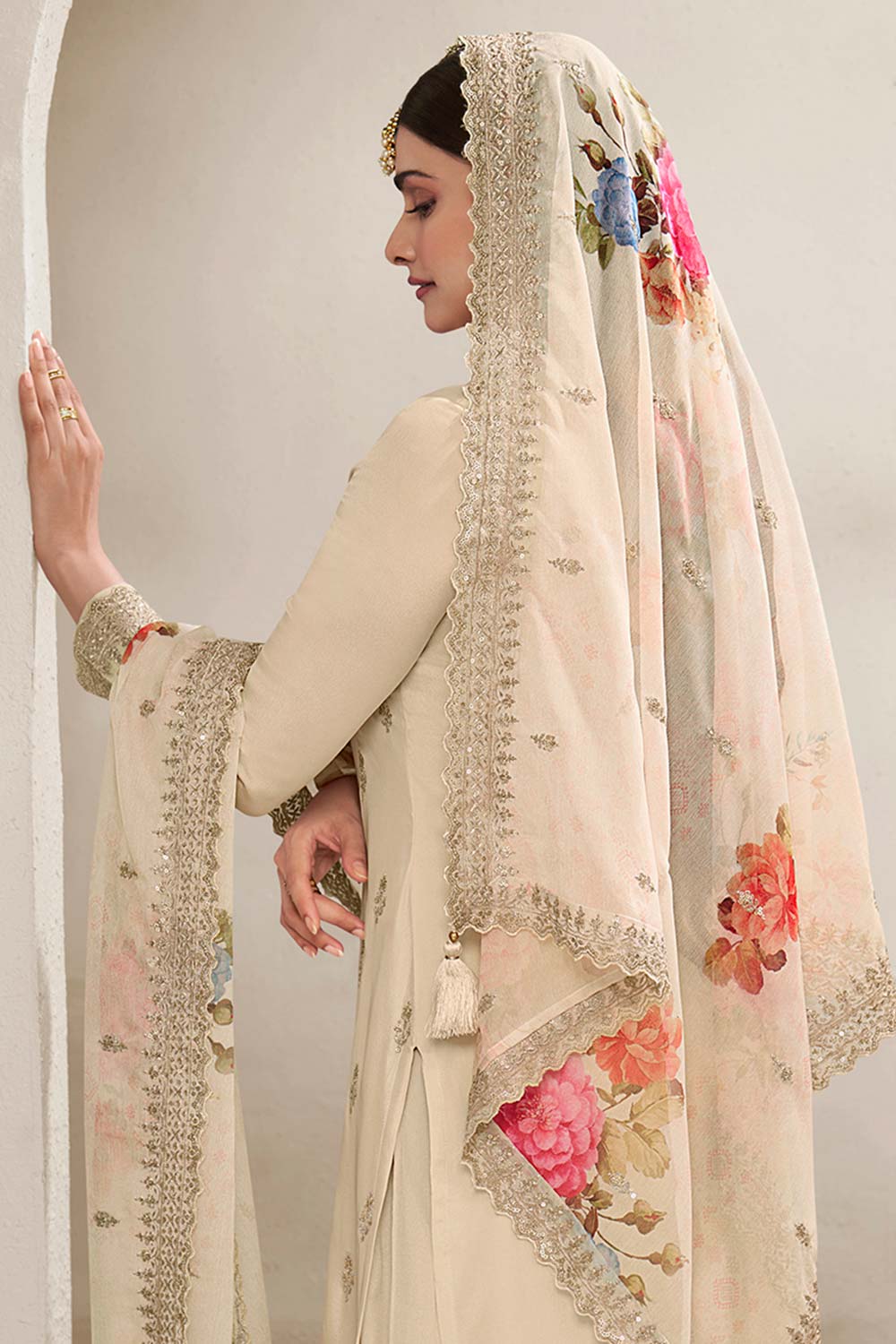 Cream Chinon Silk Embroidered Sharara Suit With Dupatta