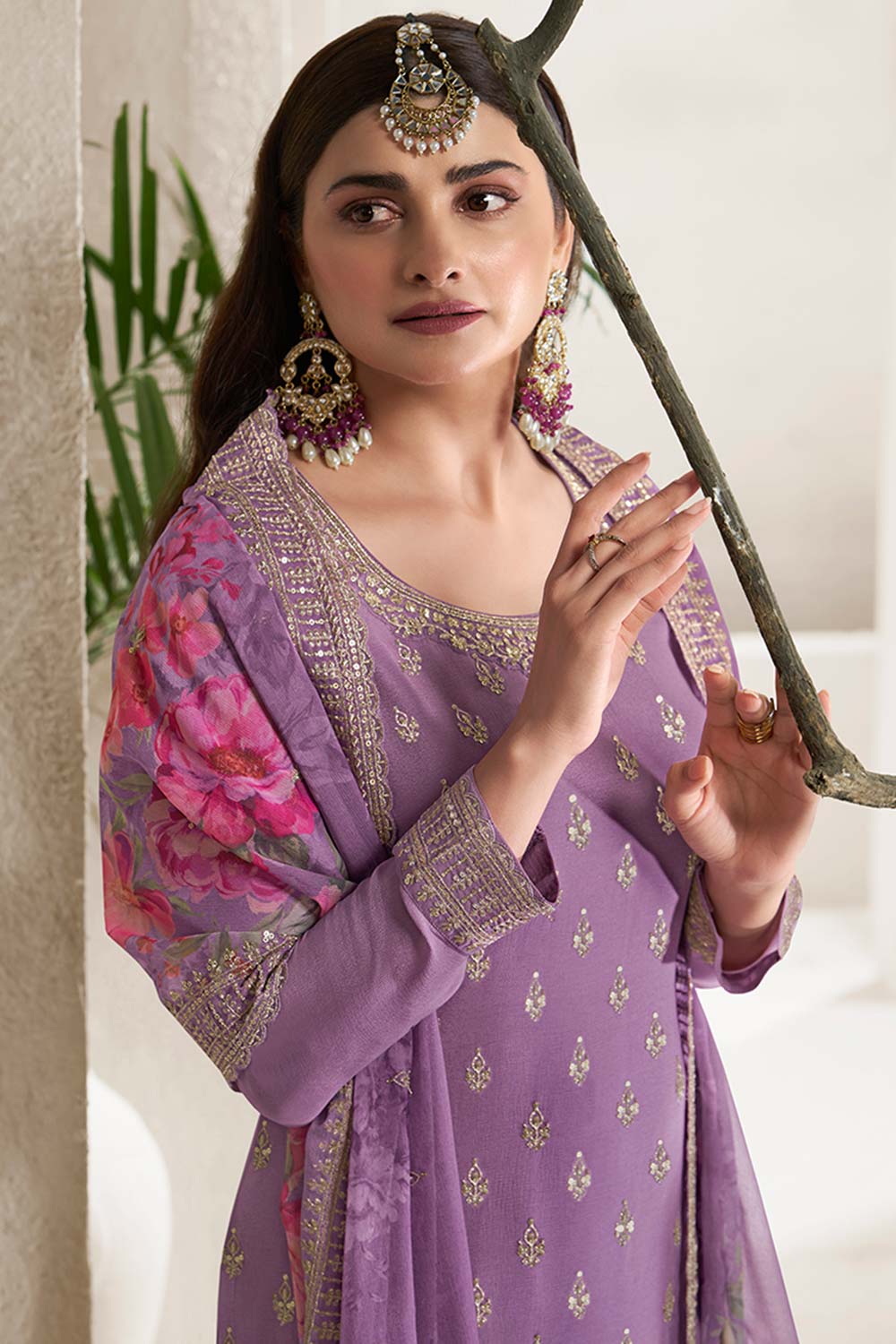 Lavender Chinon Silk Embroidered Sharara Suit With Dupatta